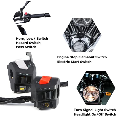 Acouto Motorcycle Handlebar Control Switch 7/8'' Left & Right Side Handlebar Horn Turn Light Control Headlight On/Off Engine Sto