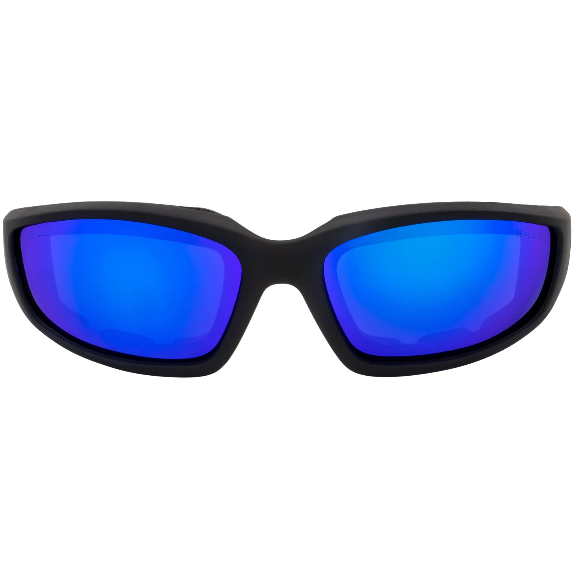 Birdz Eyewear Oriole Padded Motorcycle Riding Sunglasses Gloss Black Frame With Blue Mirror Lenses