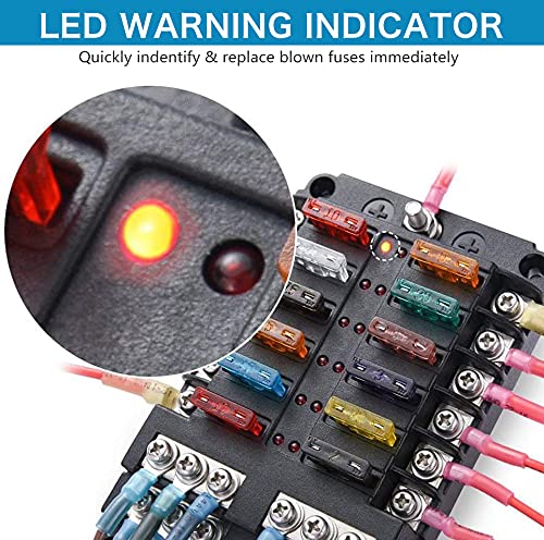 12 Volt Fuse Block, Marine Boat Fuse Block Waterproof 12 Way Automotive Fuse Box With 12 Ground Negative Busbar [100 Amp Max] [A