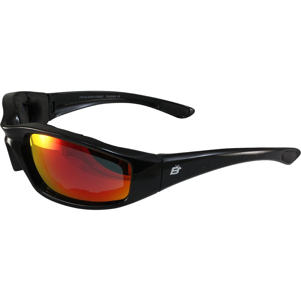 Birdz Eyewear Oriole Padded Motorcycle Riding Sunglasses Gloss Black Frame With Red G-Tech Reflective Lenses