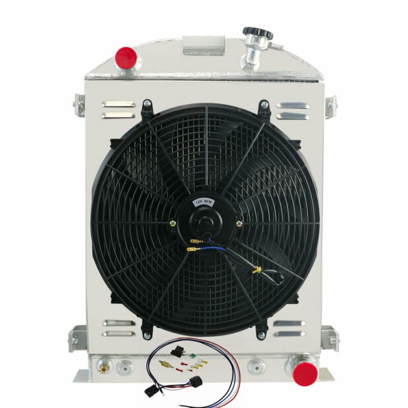 RadBuild 4 Row Aluminum Radiator Fit 1930-1931 Ford Model A & 1932 Model B & 1938 Model 81 A + Shroud + Fan + Relay, 4 Row Radia