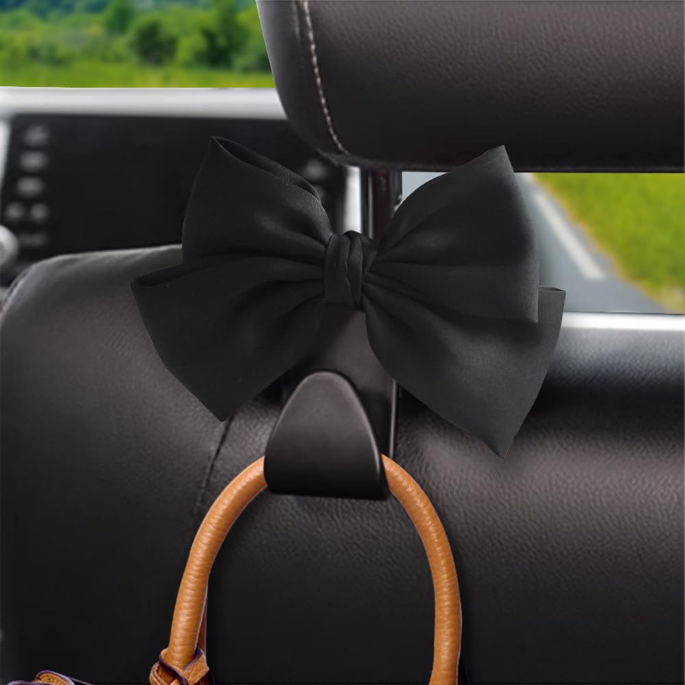 LIFOPY 2 Pack Car Purse Hooks, Cute Bow Car Seat Headrest Hook Hanger for Purses and Bags, Space-Saving Car Accessory (Black sil