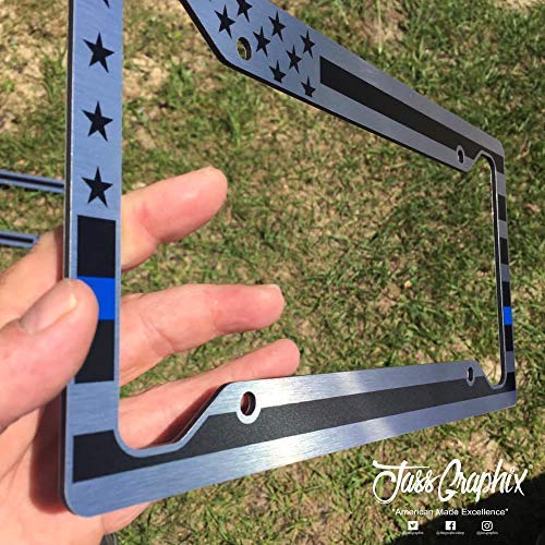 Heavy Duty Thin Blue Line American Flag License Plate Frame Matte Black On Brushed Aluminum Composite