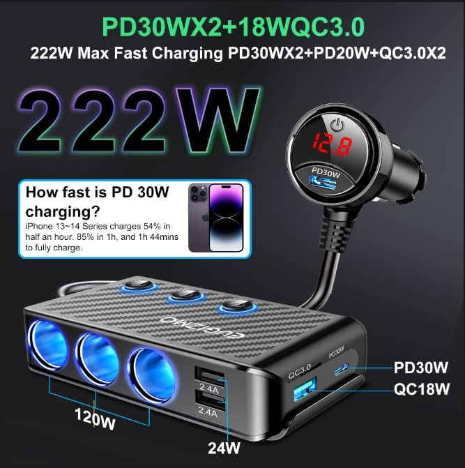 Cigarette Lighter Plug Splitter Adapter, EUGIZMO 222W Multi Port Power Plug Car Charger Adapter for Plug Outlet 12V 3 Socket Spl