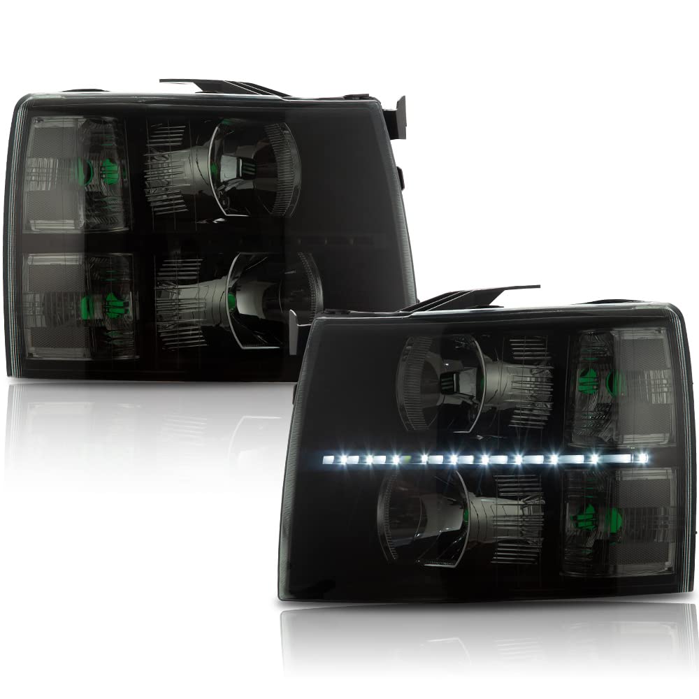 Pit66 Led Strip Headlight, Compatible With 07-13 Chevy Silverado 1500 2500 3500 & Hd(For 2500Hd/3500Hd, Fit 2007 New Body & 2014 Old Body Style) Smoky Lens Black Housing Clear Corner