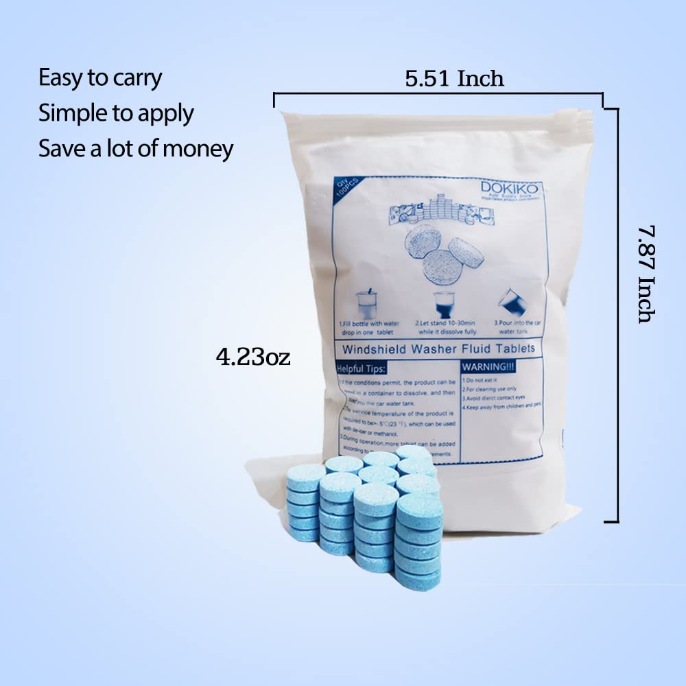 DOKIKO Car Windshield Washer Fluid Tablets - 50 Pcs, Makes 52.5 Gallons, Blue, Ideal for Winter Use with De-icer or Methanol