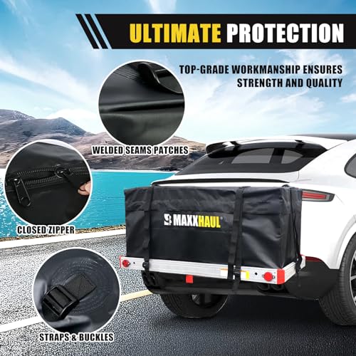 Maxxhaul 70209 Soft Shell Cargo Carrier Bag For Hitch Mount Cargo Rack - Heavy Duty And Water Resistant 47 Inch 20 Inch X 20 Inch Black With Tie Down Straps