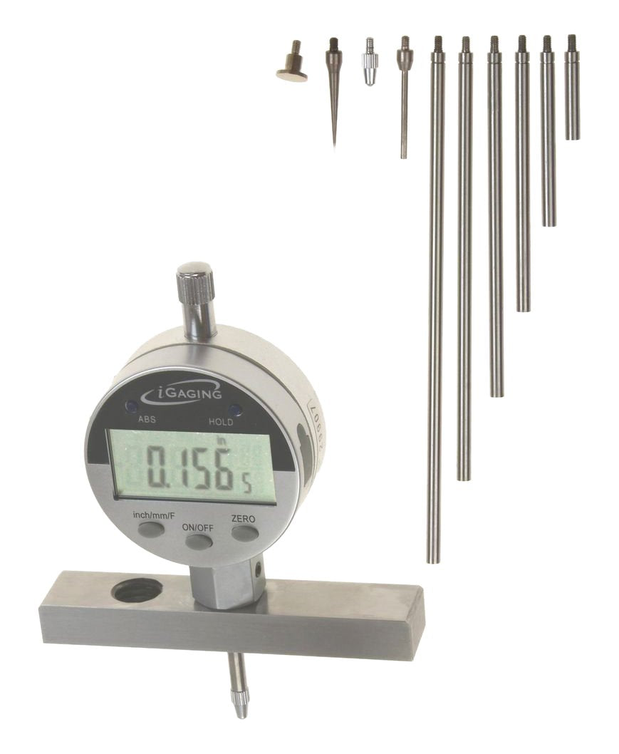 iGaging Depth Gauge Digital Electronic Indicator 0-22' Measuring Range, 0.0005' Resolution, 2-Position Base (Inch/MM/Fractions)
