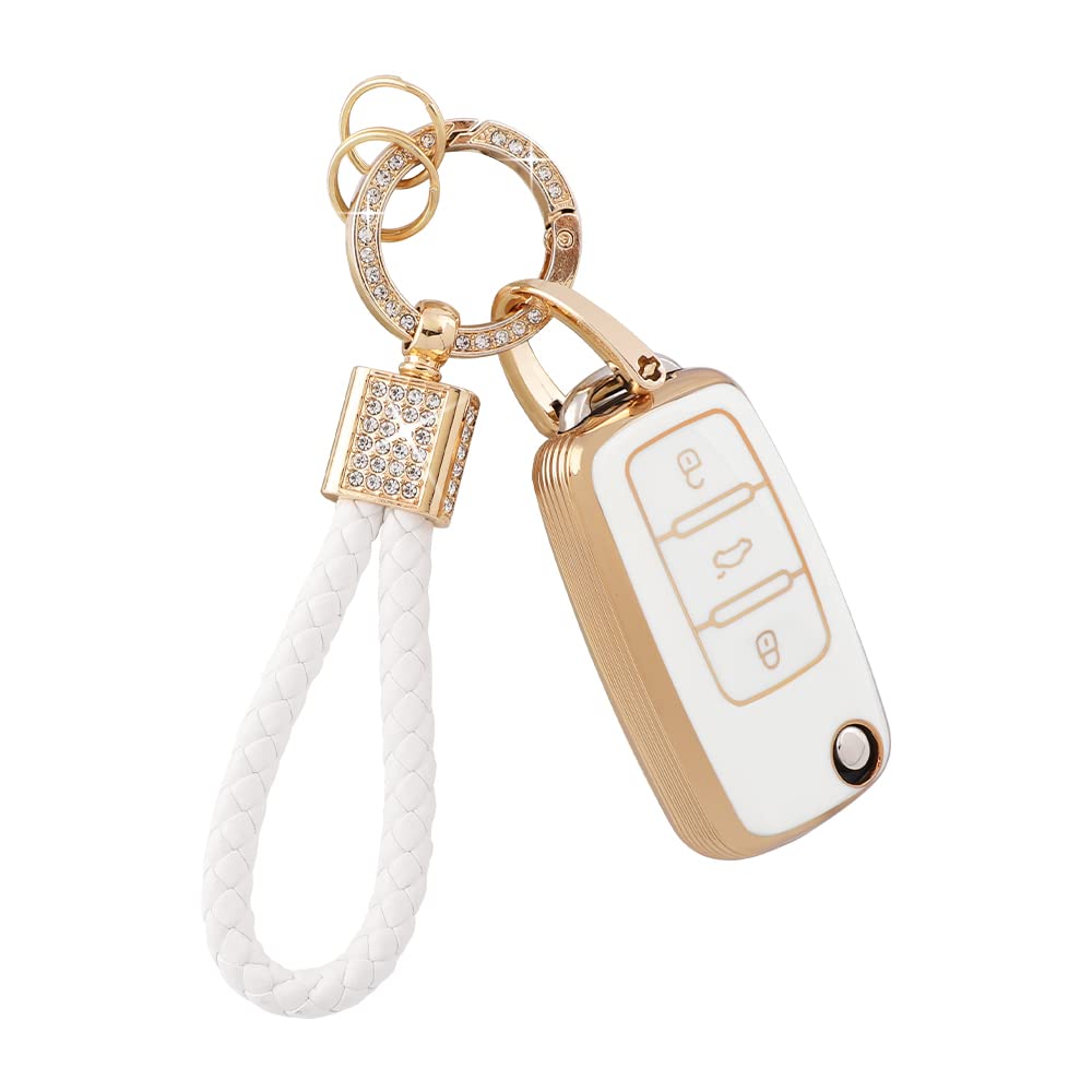 Pifoog Key Fob Cover For Volkswagen Vw 3 Button White Gold Tpu Soft Car Keys Shell Case Glitter Keychain Protector For Vw Beetle