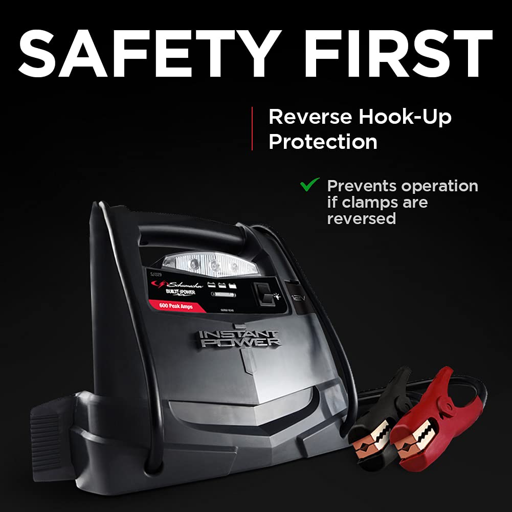 Schumacher Sj1329 Jump Starter And Portable Power Port - 600 Peak Amp, 12V - For Power Sports, Motorcycles, 4-6 Cylinder Cars, Black