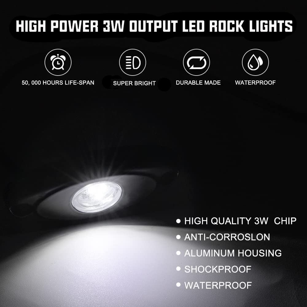 Sunpie 8 Pods Quick Connect White Rock Lights, 4M Extension Wires Each Light, 3 High Power Chips, 6000K Pure White, Rubber Mount