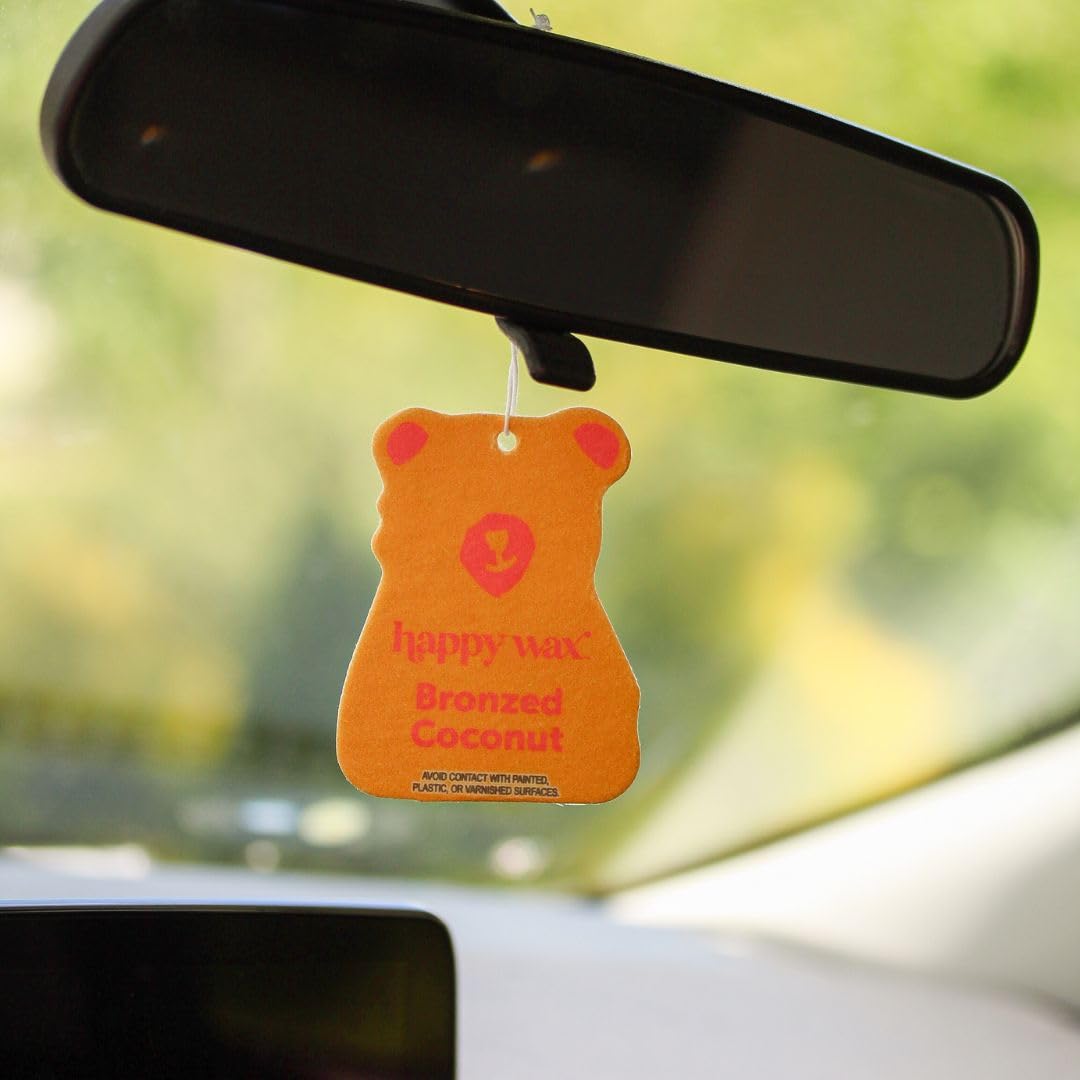 Happy Wax Bronzed Coconut Hanging Car Cub Air Freshener - Scented And Infused With Natural Essential Oils - Cute 4-Pack