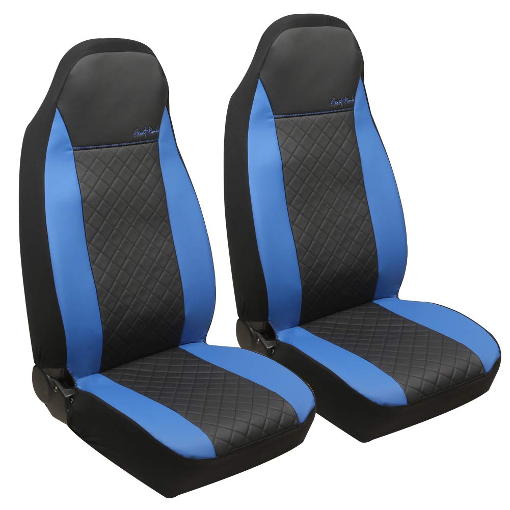 Giant Panda Front Car Seat Covers, Bucket Seat Covers, Leather High Back Auto Seat Covers For Cars, Trucks, Jeep, Van, Suv, Pickup, Airbag Compatible (Black + Blue)