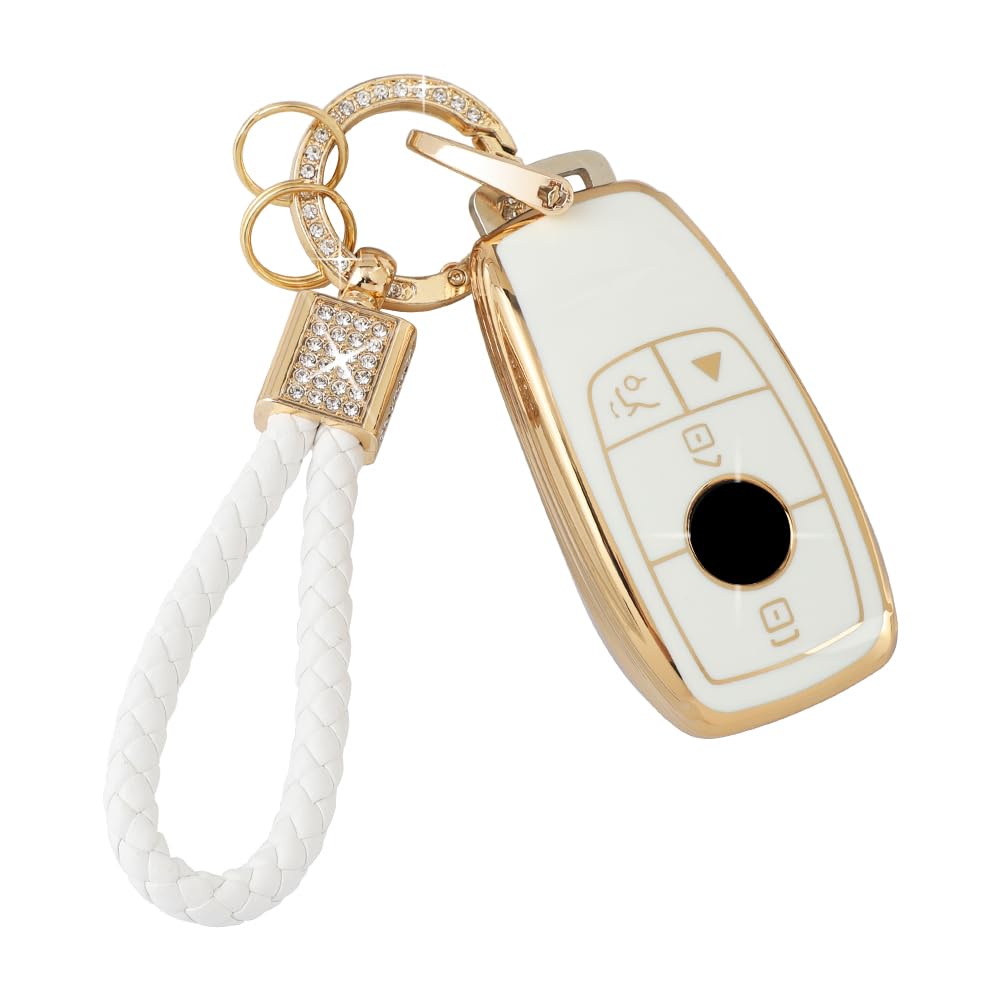 Pifoog Key Fob Cover For Mercedes Tpu White Gold Bling Keychain Accessories Fit Benz Gla Gle Glb Gls Glc Cla Cls C300 Amg A E S