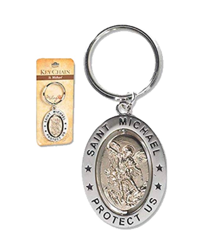 Religious Gifts Saint St Michael 3 1/4'' Zinc Alloy Silver Plate Revolving Dual Tone Key Ring With Prayer