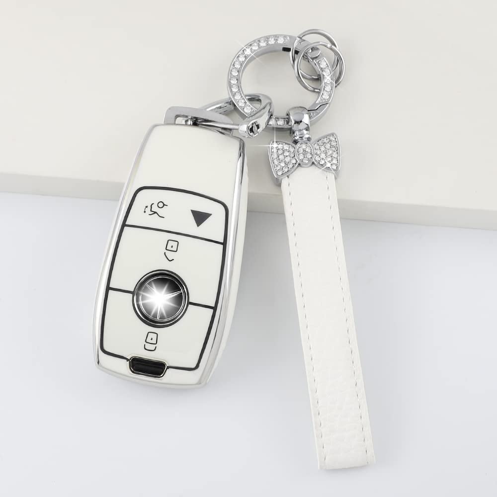 1797 Key Fob Cover For Mercedes Benz A C E G Cla Cls Gla Sl Class Accessories Bling Keychain Car Smart Remote Case Shell Girly Cute 4 Button White Silver Tpu