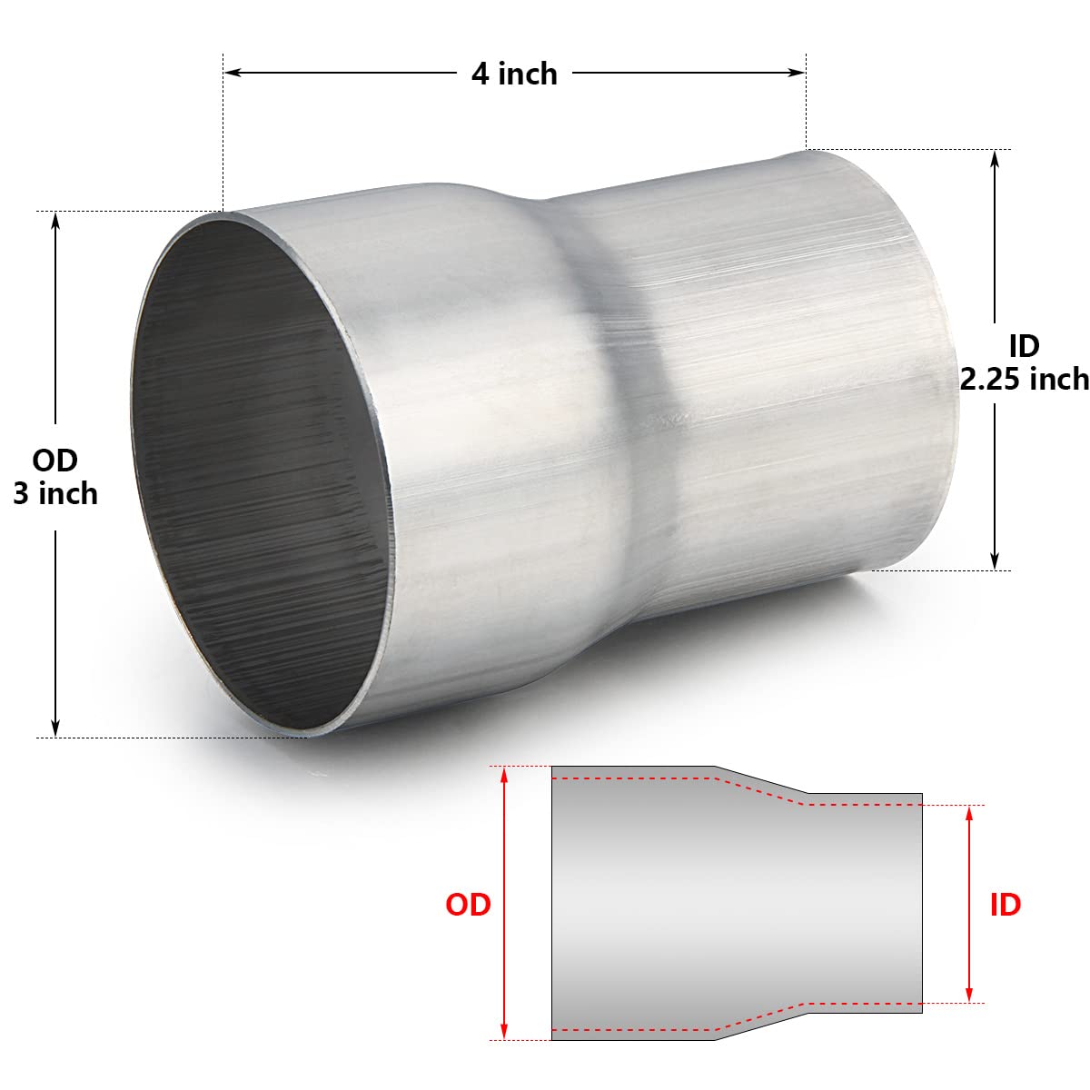 A-Karck Exhaust Adapter Connector 2.25 Id To 3 Od, Exhaust Pipe Reducer 4 Overall Length 304 Stainless Steel