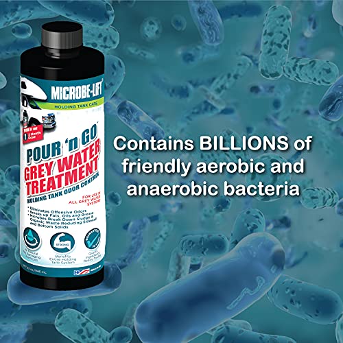 Microbe-Lift Pour N Go Rv Grey Water Holding Tank Treatment - 3 Month Supply - Dissolves Grease, Oils, Fats, Reduces Odors, 32 O