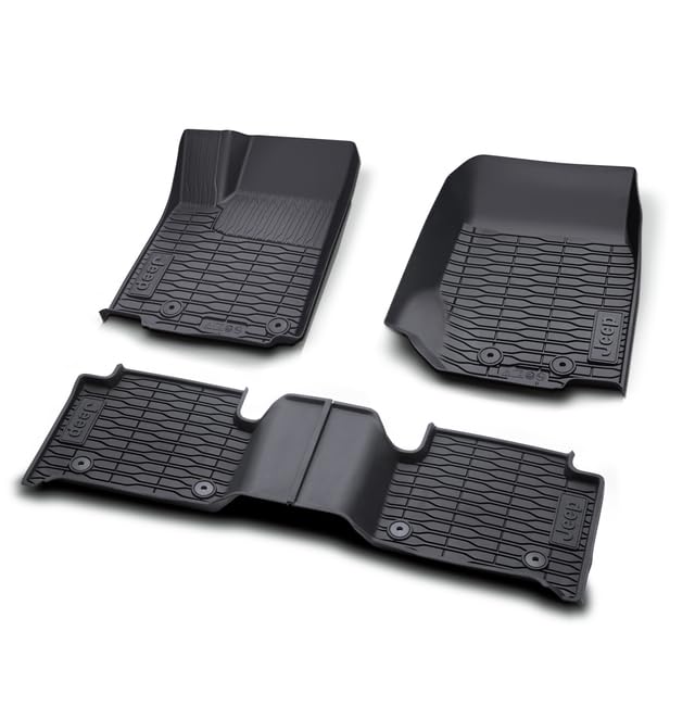 Mopar All-Weather Black Rubber Floor Mats with Jeep Logo for Jeep Grand Cherokee (two-row, WL version), Non-PHEV, Left-Hand Driv
