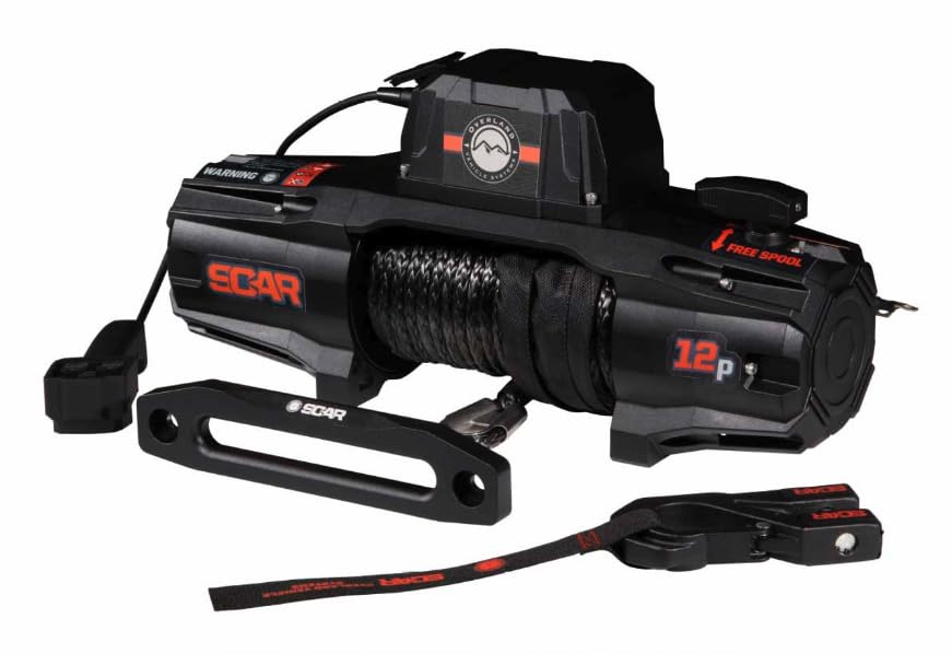 Overland Vehicle Systems Scar 12S Electric Off Road Recovery Winch 12,000lb with Synthetic Rope and Wireless Remote, IP68 Waterp
