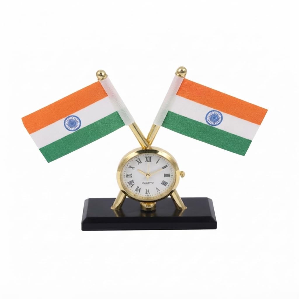 Rudraridez Bike Indian Flag With Quartz Watch On Rectangular Metal Base Stand For Car Dashboard Office Gift Purpose Pulsur 135 L