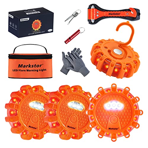 Markstor 4 Pack Led Road Flares Emergency Car Kit 9 Flash Amber Roadside Emergency Flares Beacon For Vehicle 4 Beacons Disc Pack With A Whistle,Glove,Hammer (No Battery)