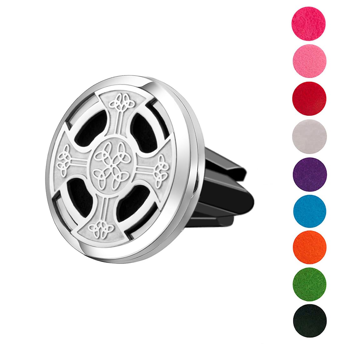 Wild Essentials Celtic Cross Essential Oil Car Vent Diffuser, Stainless Steel Locket Pendant With 12 Color Refill Pads, Customiz