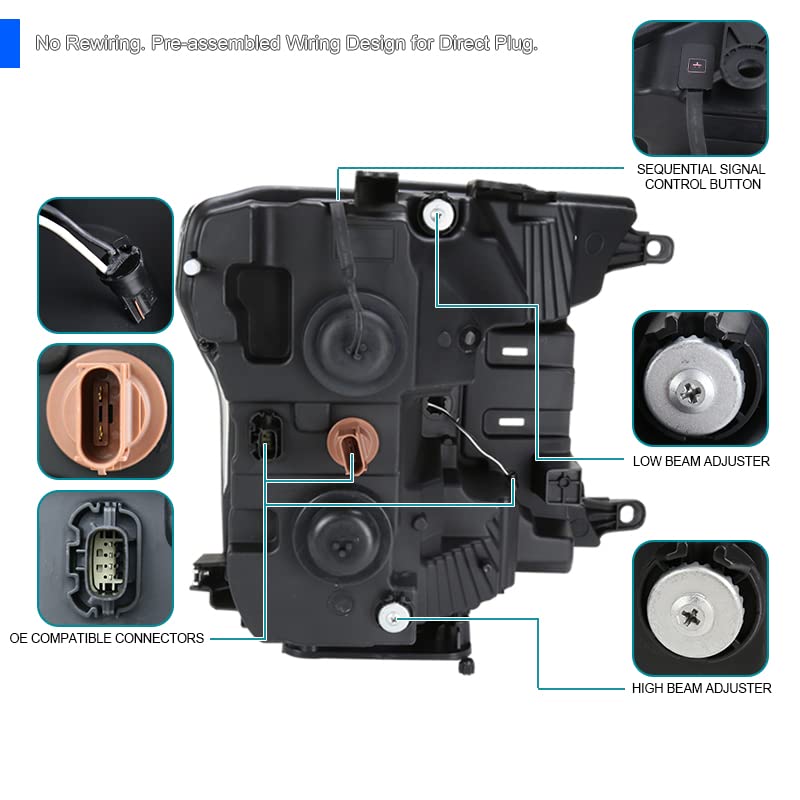 Spec-D Tuning Black Projector Headlights Led Sequential Signal Switchback Compatible With 2018-2020 Ford F150 Left + Right Pair Headlamps Assembly