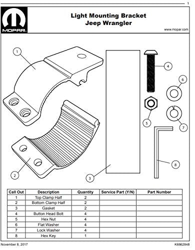 Mopar 82215729 Winch Guard Light Mounting Bracket Light Mounting Bracket For Mounting Off-Road Lights To Winch Guard. Kit Includes Brackets For Mounting Two Round 5-Inch Or 7-Inch Lights
