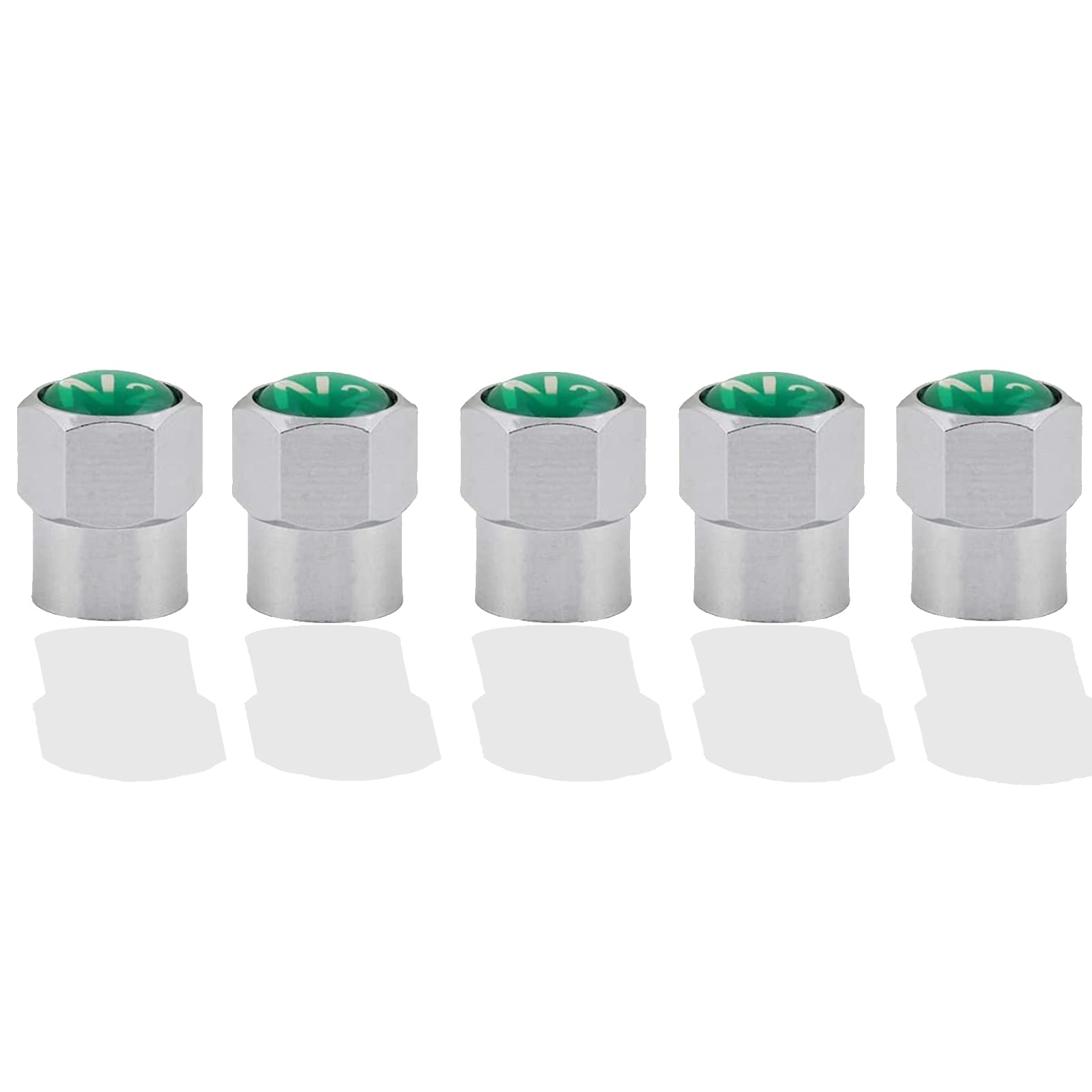 GODESON Chrome Plated Brass Tire Valve Stem Caps with N2 Nitrogen Logo, Green, 0.53 inch, 5 pcs Set + 1 Spare