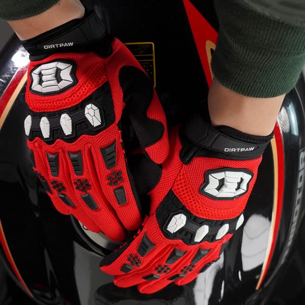 Seibertron Youth Dirtpaw Unisex Mx Atv Mtb Racing Gloves - Full Finger Touchscreen Glove For Bicycle Cycling Mountain Biking Motorcycle And Motocross Red M