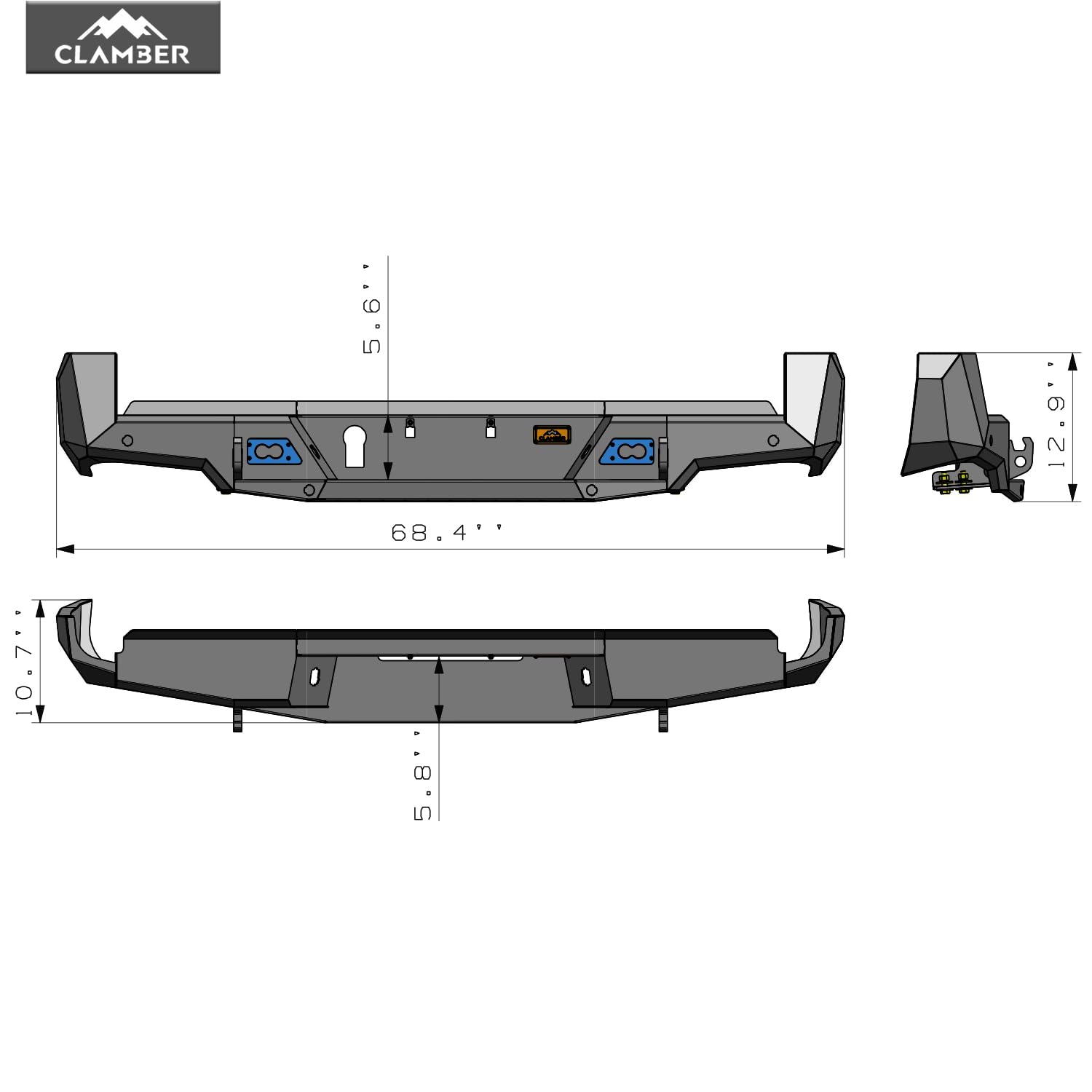 CLAMBER Off-Road Rear Bumper for Toyota Tacoma 3rd Gen 2016-2023 Textured Black Back Bumper Guard Heavy Duty Carbon Steel with L