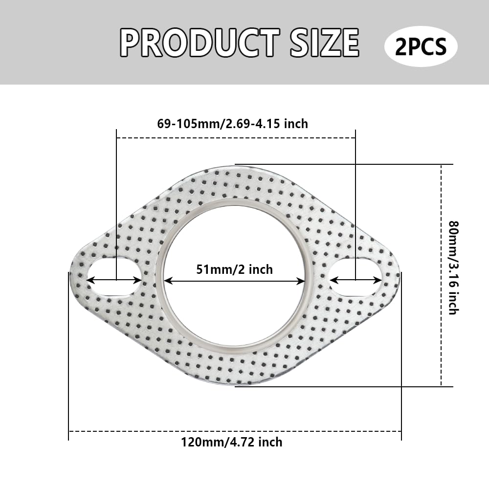 2Pcs Car Exhaust Gasket,2'' 2-Bolt Exhaust Flange Gasket Replacement Oem#120-06310-0002,Standard Exhaust Manifold Gasket Car Acc