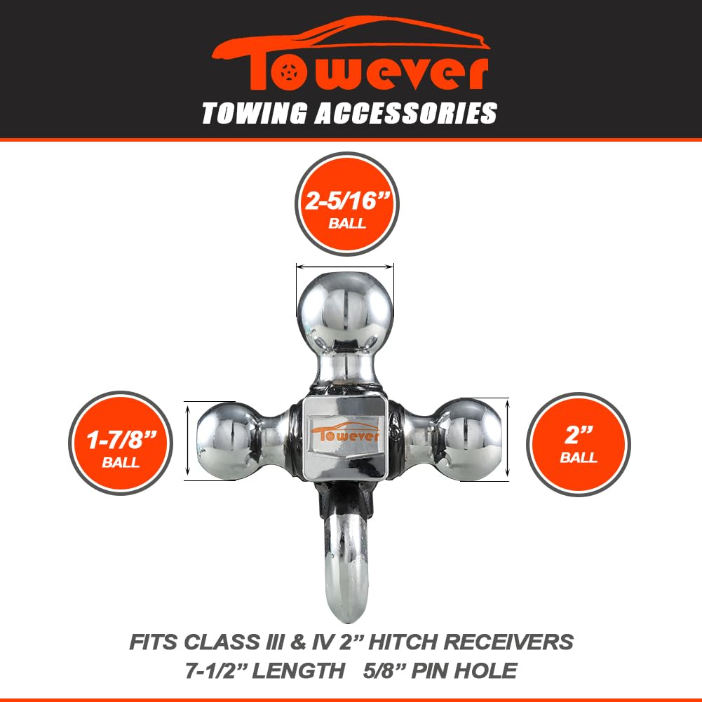 Towever 84180P Towever 2 Inch Trailer Hitch Ball, Towing Tri Ball Mounts With Hook And Pin, Fits For 2 Inch Tow Hitch Receiver