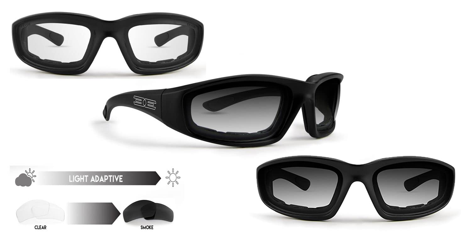 Epoch Eyewear Photochromic Motorcycle Sunglasses Glasses Foam Padded Black Frame W/Clear To Smoke Lens