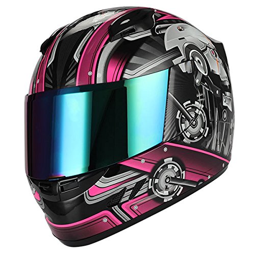 1Storm Motorcycle Bike Full Face Helmet Mechanic + Motorcycle Bluetooth Headset: Skull Pink