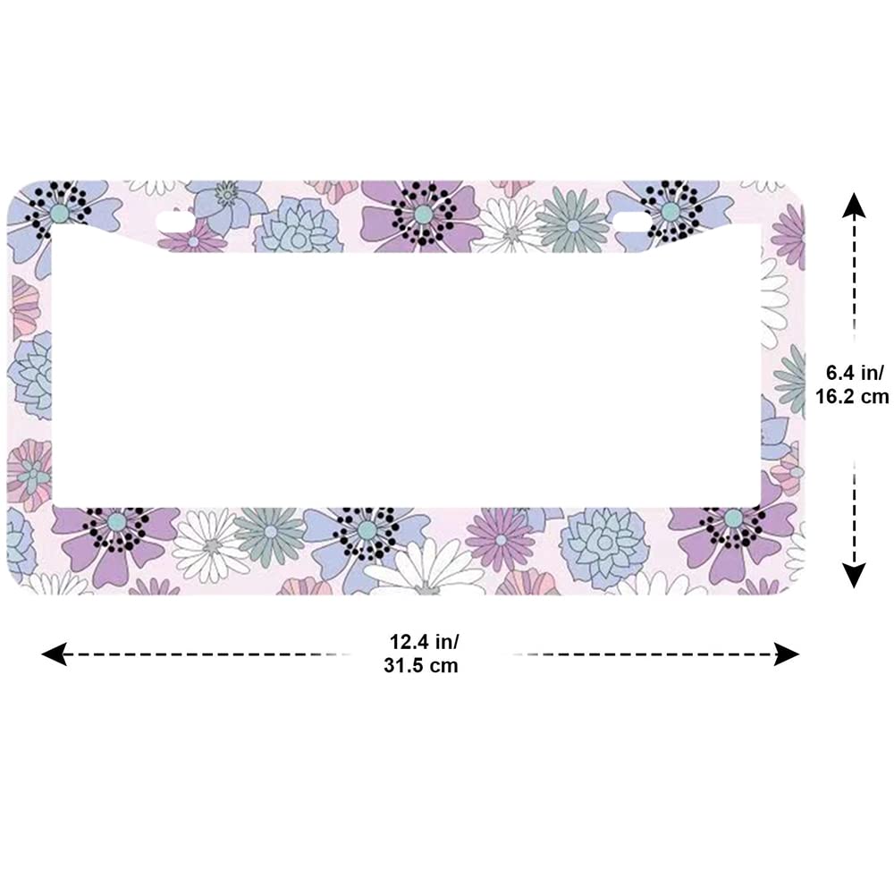 2Pcs Bright Purple Flower License Plate Frames Cover Holders Stainless Steel License Plate Cover With Screw Caps Cover And Screw