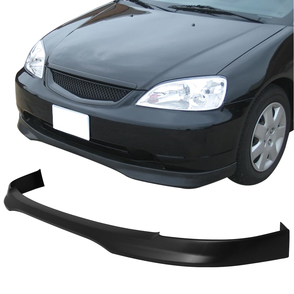 IKON MOTORSPORTS Front Bumper Lip Spoiler for 2001-2003 Honda Civic, T-R Style, Unpainted Black, Polypropylene, Model BLF-HC01TR-