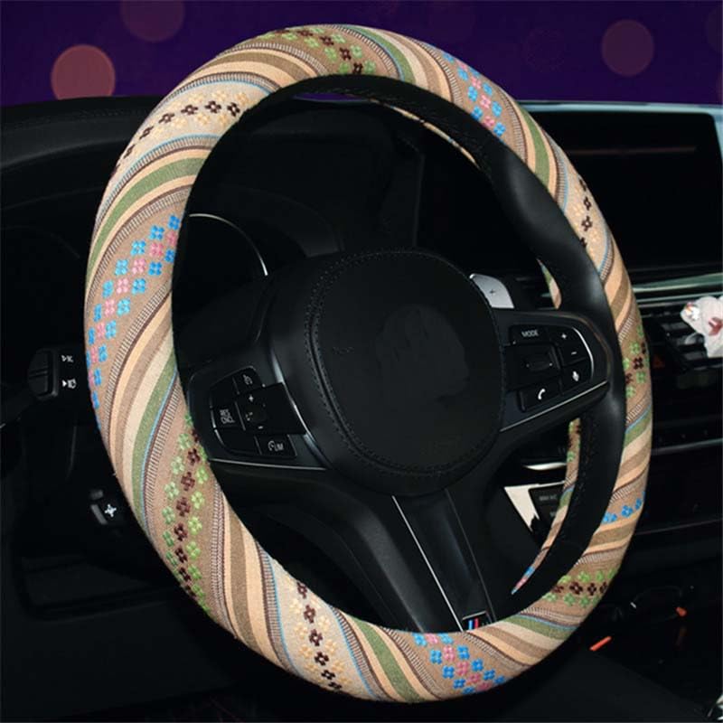 Istn Ethnic Style Coarse Flax Cloth Automotive Steering Wheel Cover Anti Slip And Sweat Absorption Auto Car Wrap Cover (L, 14.5'
