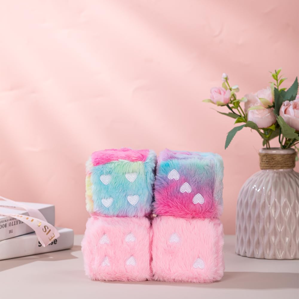 Heart Embroidered Baby Pink Fuzzy Plush Dice - 3-Inch Decorative Car Mirror Hanging Ornaments, Soft Foam, Easy Install, Great Gift Idea (Baby Pink)