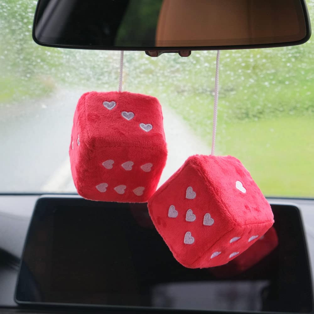 Pair 3    Black Fuzzy Plush Dice Heart Shape Decor for Car Rearview Mirror, Retro Square Decoration Dice for Car Hanging Accesso