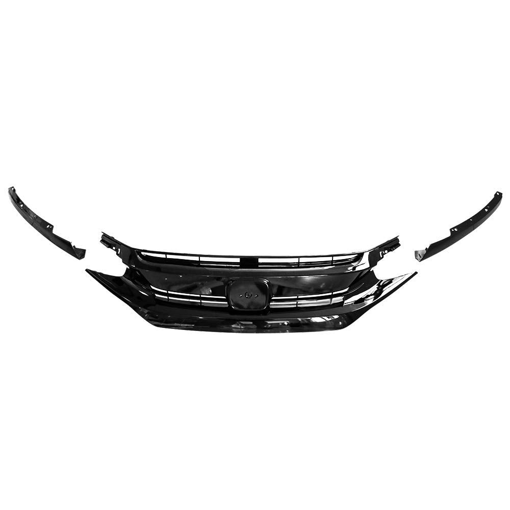 Grille Compatible With 2016-2021 Honda Civic, Factory Style Gloss Black Front Bumper Grille Hood + Eye Lid 3Pc Abs By Ikon Motor