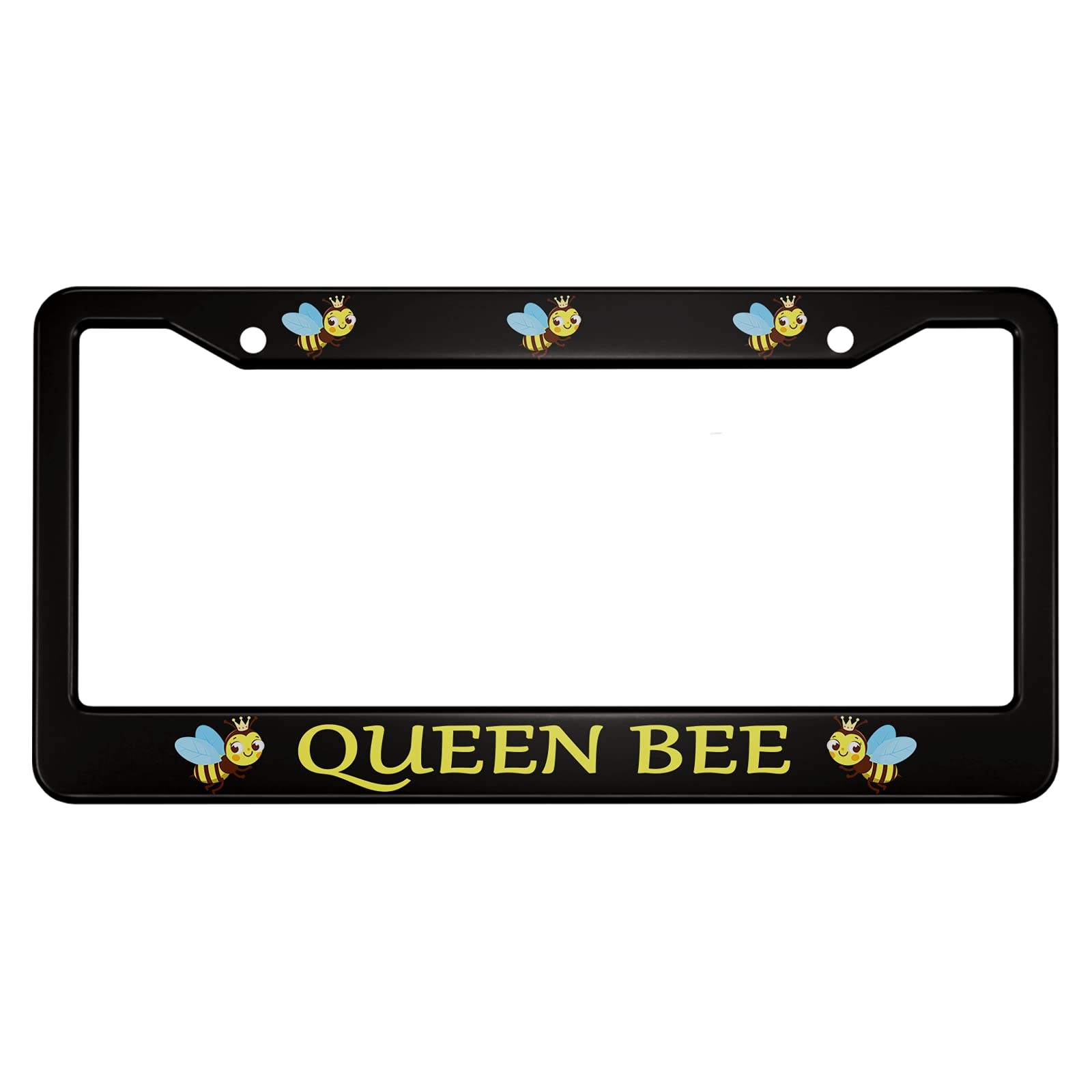 Ofloral Queen Bee Aluminum Alloy License Plate Frame Cute Yellow Bees Blue Wings With Crown Smile Applicable To Us Standard Car