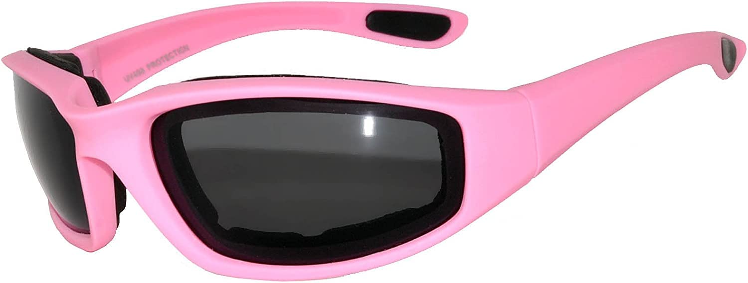 Womens Pink Smoke Lens Padded Foam Motorcycle Biker Glasses Goggles 99% Uv Protection