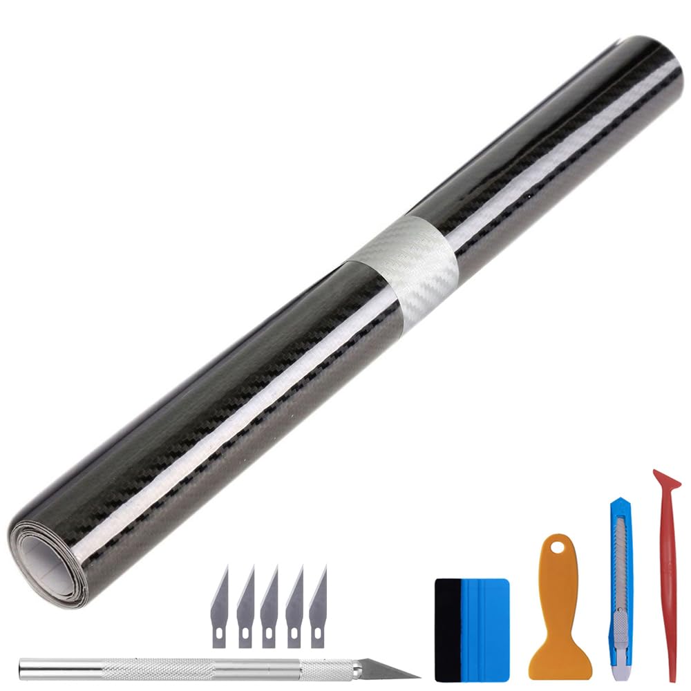 Lzlrun Free Tool Kit 5D High Gloss Carbon Fiber Vinyl Tap For Black Out Chrome Delete Window Trim Door Trim (5Feet X 10Feet)