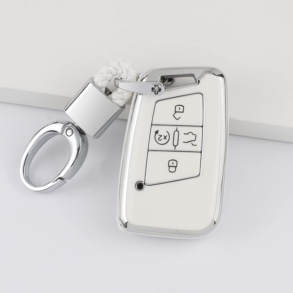 1797 For Volkswagen Vw Key Fob Cover Jetta Tiguan Arteon Atlas Taos Accessories Car Key Chain Case Shell Protector Women Men 4 Button White Silver Tpu