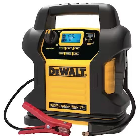 Dewalt Dxaej14-Type2 Digital Portable Power Station Jump Starter - 1600 Peak Amps With 120 Psi Compressor, Ac Charging Cube, 15W Usb-A And 25W Usb-C Power For Electronic Devices