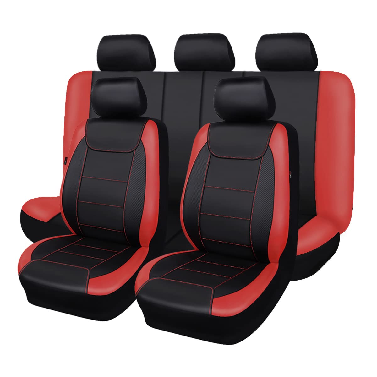 Flying Banner Car Seat Covers Protects Water Proof Faux Leather Carbon Fiber Front And Rear Bench (Red Black, Full Set - 9Pcs)