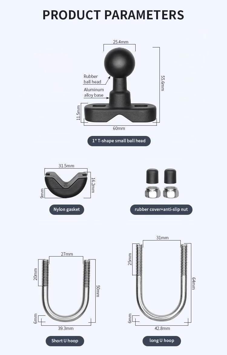 Strg 1'' Ball Handlebar U-Bolt Mount Base, Handblebar Mount for Round Rails 0.5'' to 1.26'' in Diameter, Compatible with RAM Mou