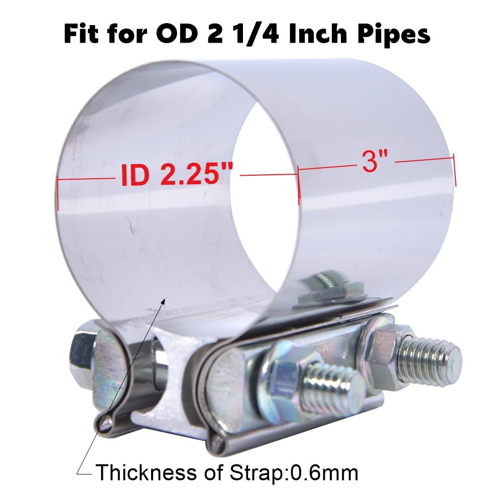 Elifecenter 2.25 inch Exhaust Clamps, 2-1/4 Inch Exhaust Lap Joint Butt Clamps, T304 Stainless Steel Band Clamp w/High Grade Bol